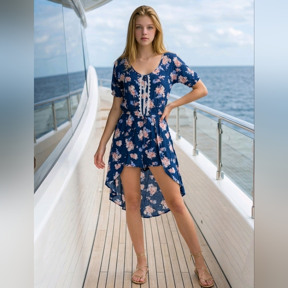 Zunie Girls 18 Floral Romper Dress Navy High Low Crochet Cold Shoulder Boho XXL